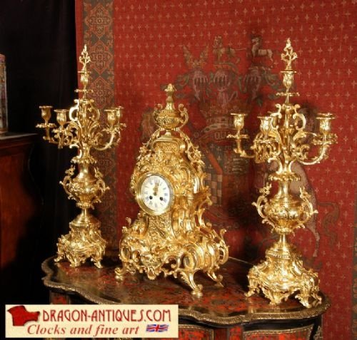 *** Sold *** Very Large Japy Freres Gilt Brass Rococo Clock Set, French - Circa 1880.